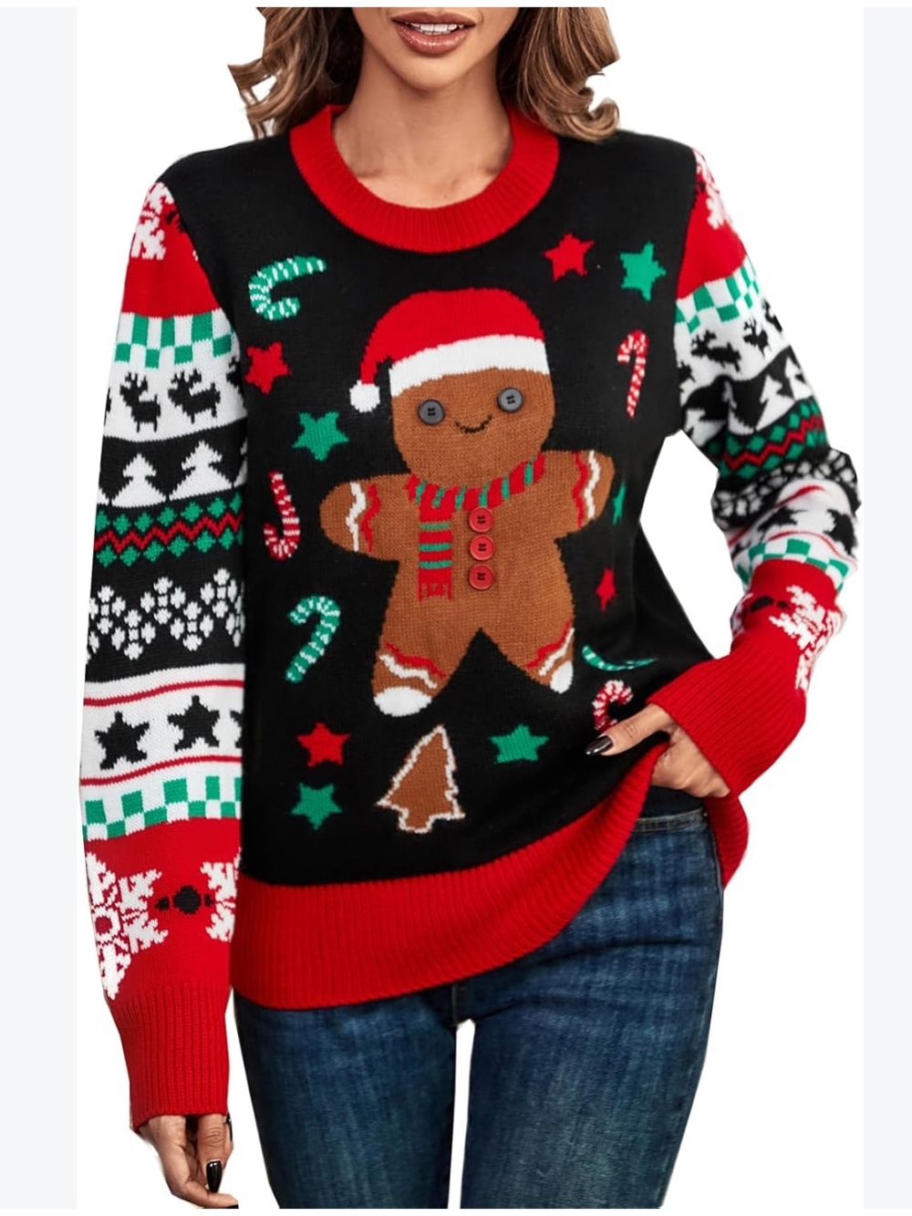 Women’s Black Holiday Gingerbread Crewneck Sweater - Red Trim xl new